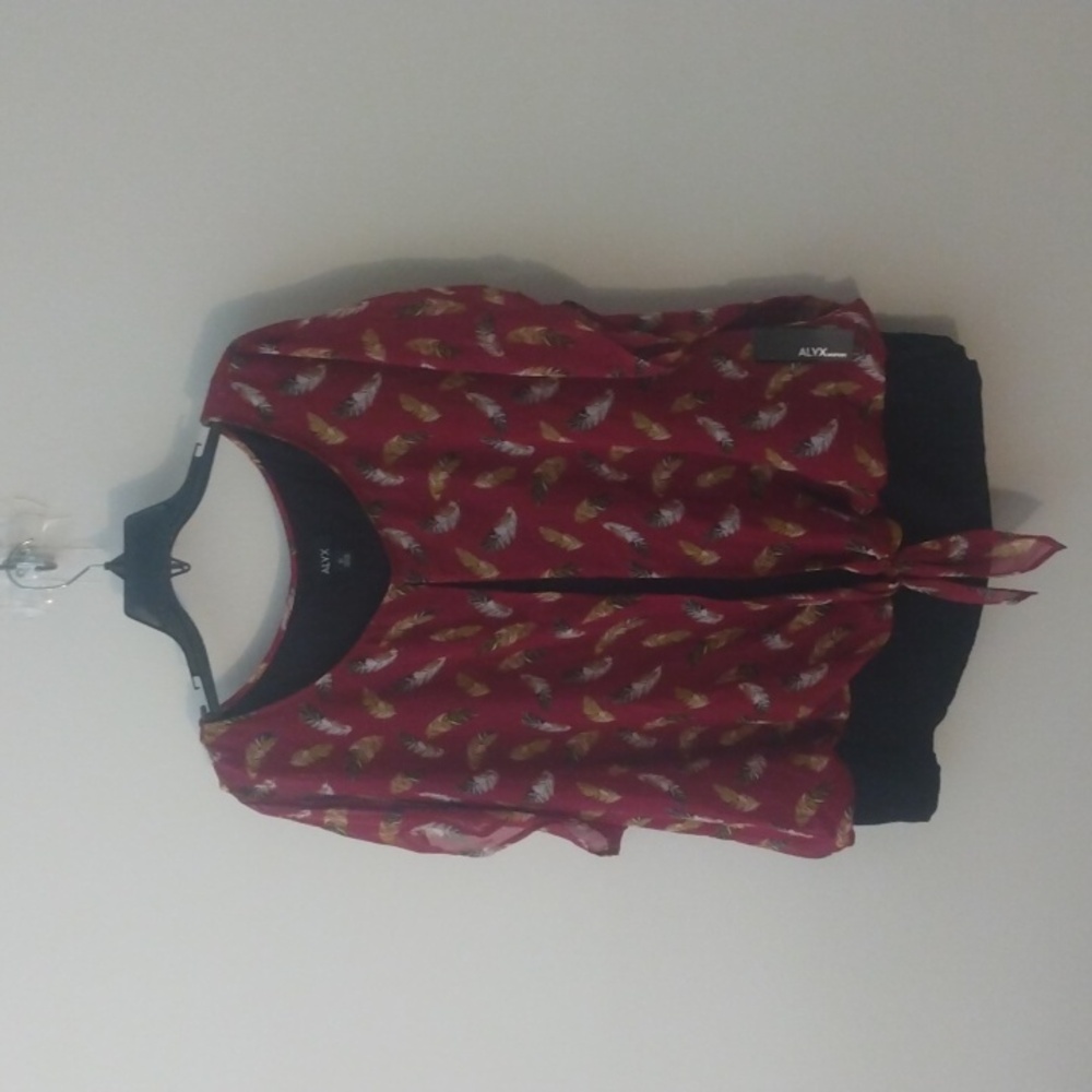 ALYX maroon top. Has black, yellow and white feather design.